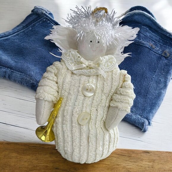 Handcrafted Chenille Angel Weighted Shelf Sitter With Trumpet - Picture 1 of 6